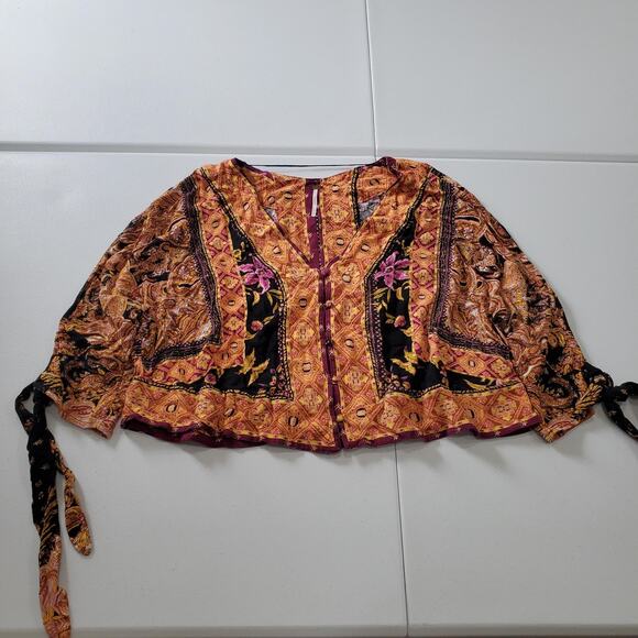 Free People Blouse Womens Small Boho Paisley Floral Crop Whimsy - Picture 1 of 9